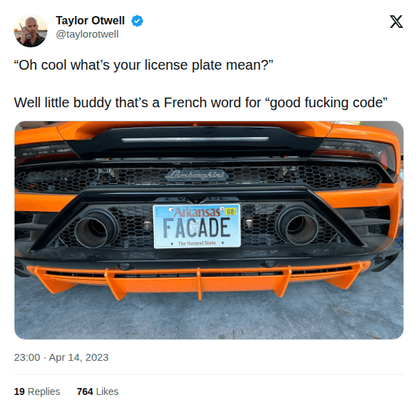 Taylor Otwell Tweet about his Lamborghini with a plate saying "FACADE"