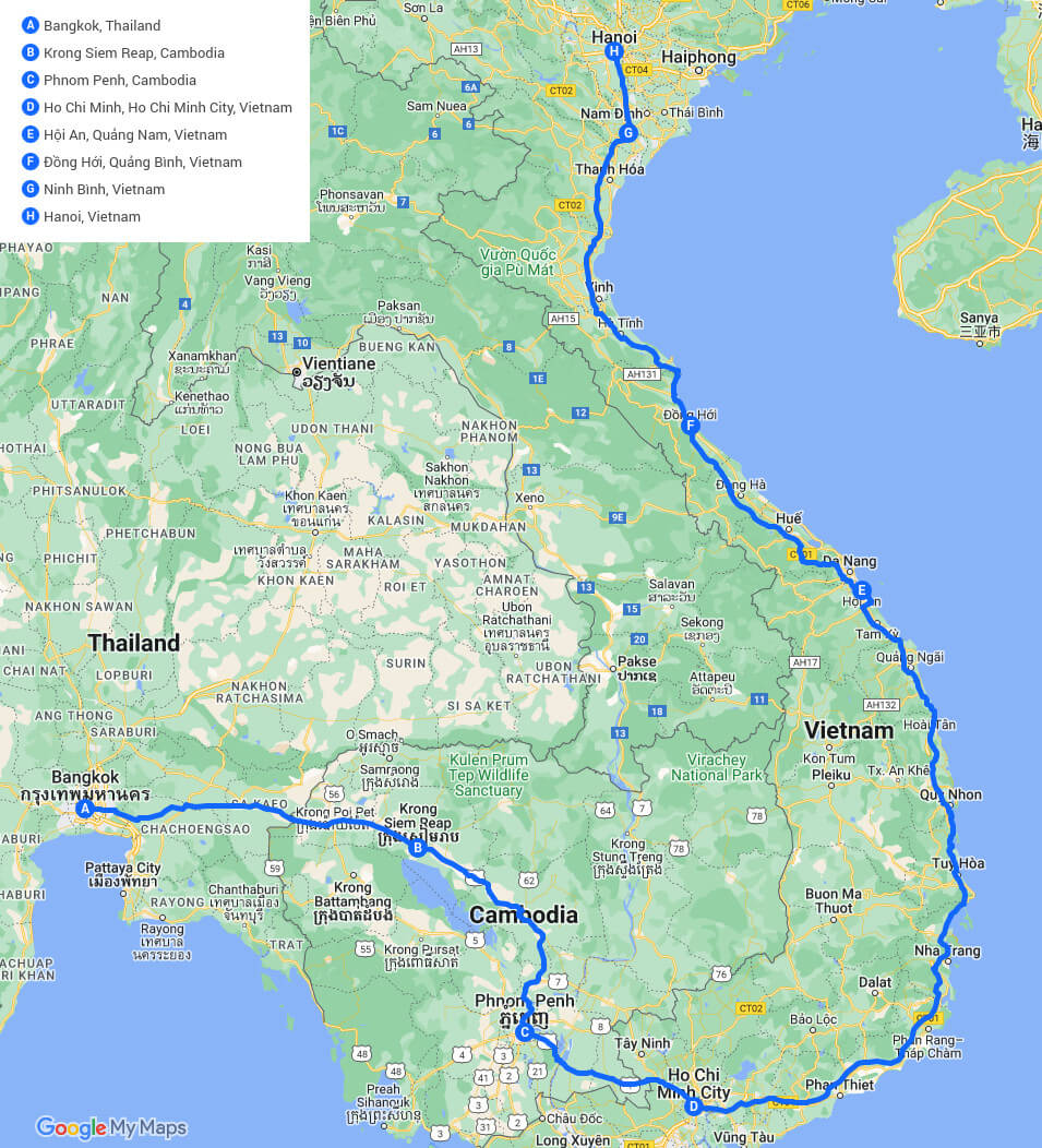 Screenshot of map itinerary in Cambodia and Vietnam.