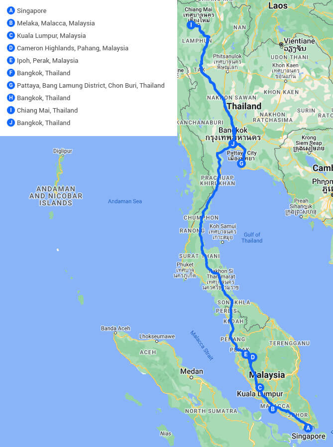 Screenshot of map itinerary in Singapore, Malaysia, and Thailand.